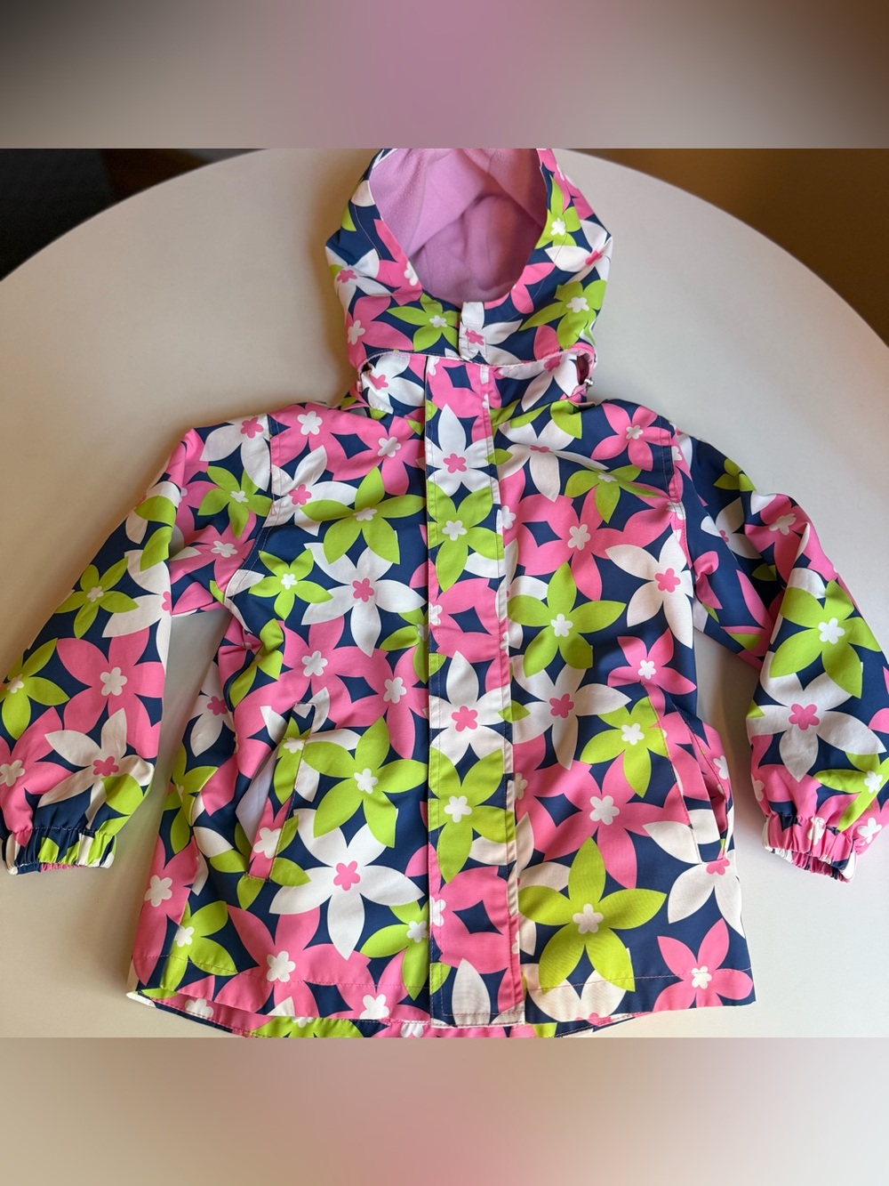 Top&Sky Rain Jacket Size 110 Girls' Floral Hooded Lining Pink, Navy & Green